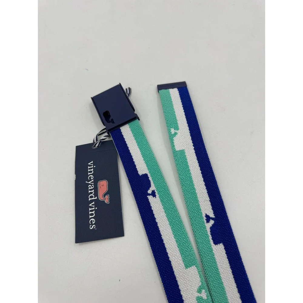 Vineyard Vines Whale Stripe Golf Tech Belt Capri Blue 1A5027‎ Mens Small NWT